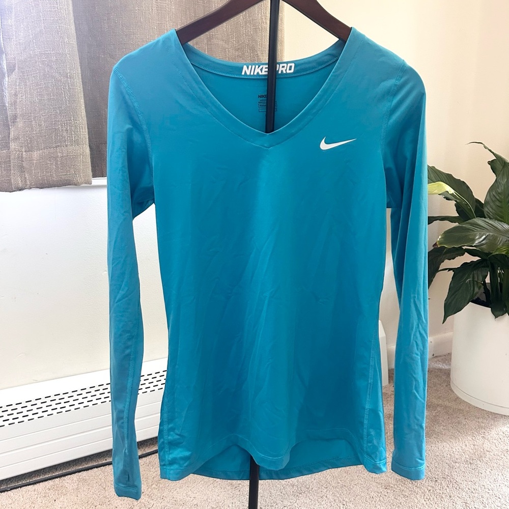 Nike Pro Women's Long Sleeve V-Neck Top - Teal Blue
